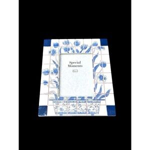 Vtg White & Cobalt Blue Mosaic Tile Look Photo Frame Floral Art Home Gift 3.5x5